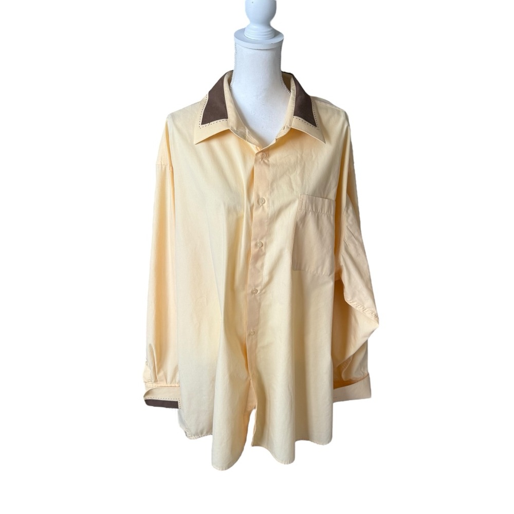 Milano moda butter yellow brown collar button up shirt men size 20 20.5 36 37